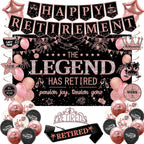 Roetyce Retirement Party Decorations Women, Black and Pink Happy Retirement Banner Backdrop Balloon Hanging Swirls for Coworker, Rose Gold Lengend Has Retired Sash & Crown, Office Retired Background