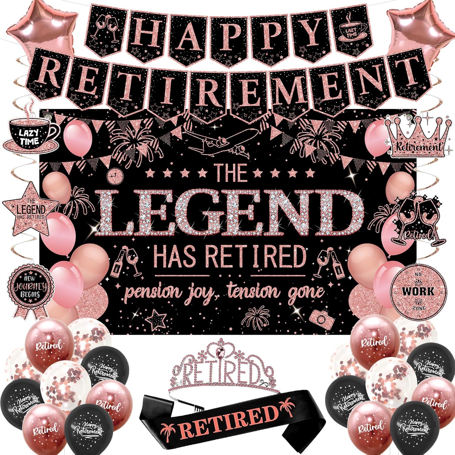Roetyce Retirement Party Decorations Women, Black and Pink Happy Retirement Banner Backdrop Balloon Hanging Swirls for Coworker, Rose Gold Lengend Has Retired Sash & Crown, Office Retired Background