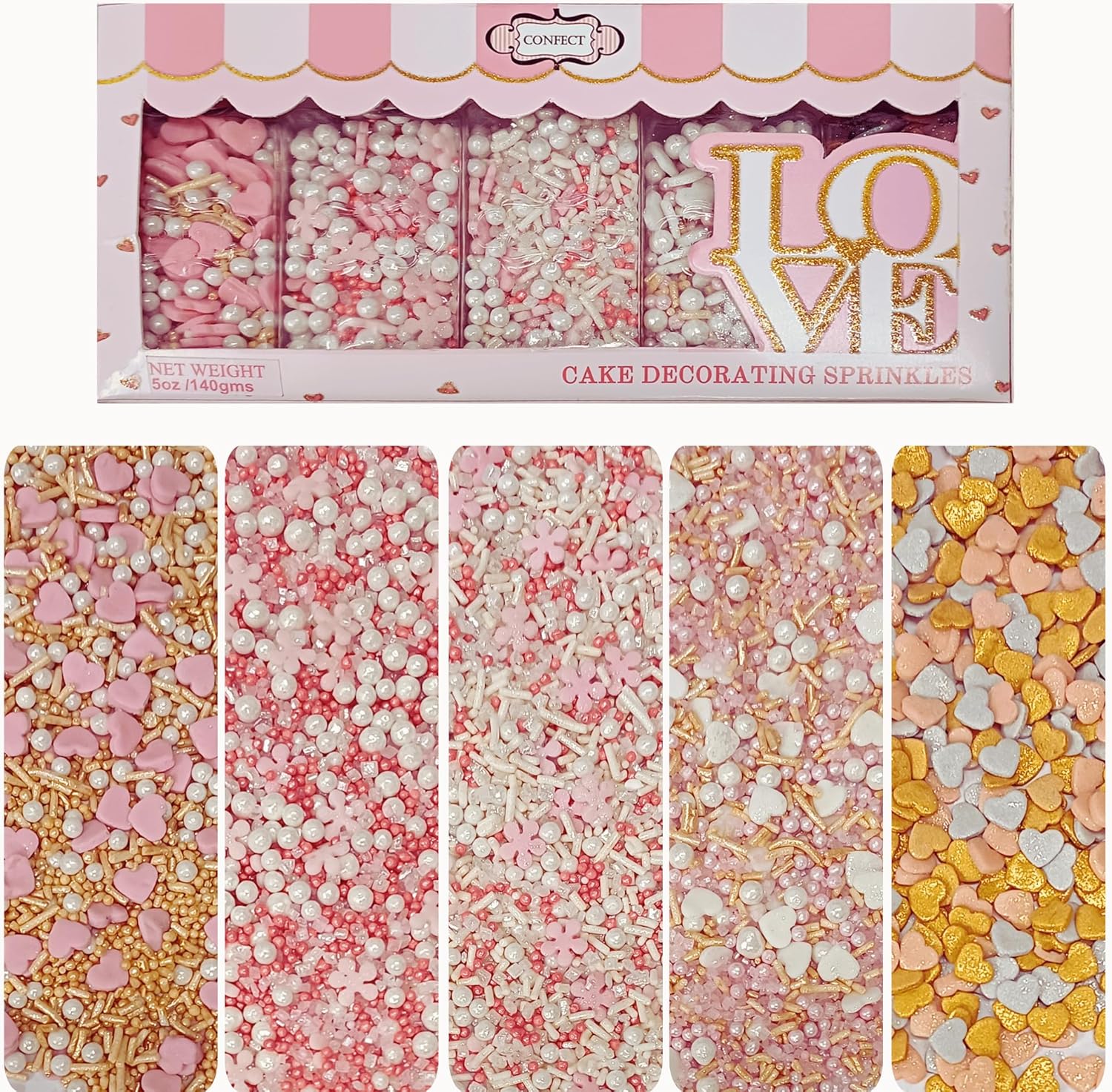 Confect Pink, Silver, Gold & White Pearl Sprinkles Mix – Edible Baking Decorations for Cakes, Cupcakes, Cookies – Valentine’s & Celebration Sprinkle Set – Pack of 5 - Vegan, Gluten-Free, Nut-Free, Soy-Free, Dairy-Free, Palm Oil-Free -5 Oz