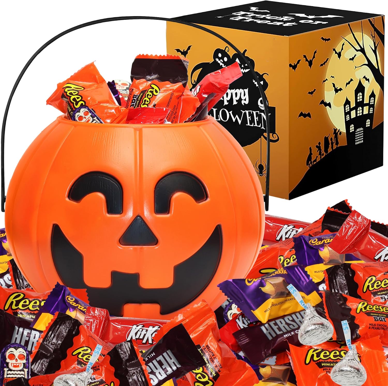 Halloween Candy Gift Basket for Kids and Adults - Trick or Treat Pumpkin Bucket Filled Assorted Halloween Chocolate Candy Sweets Great Care Package Gift Basket for College Students, 20 Oz