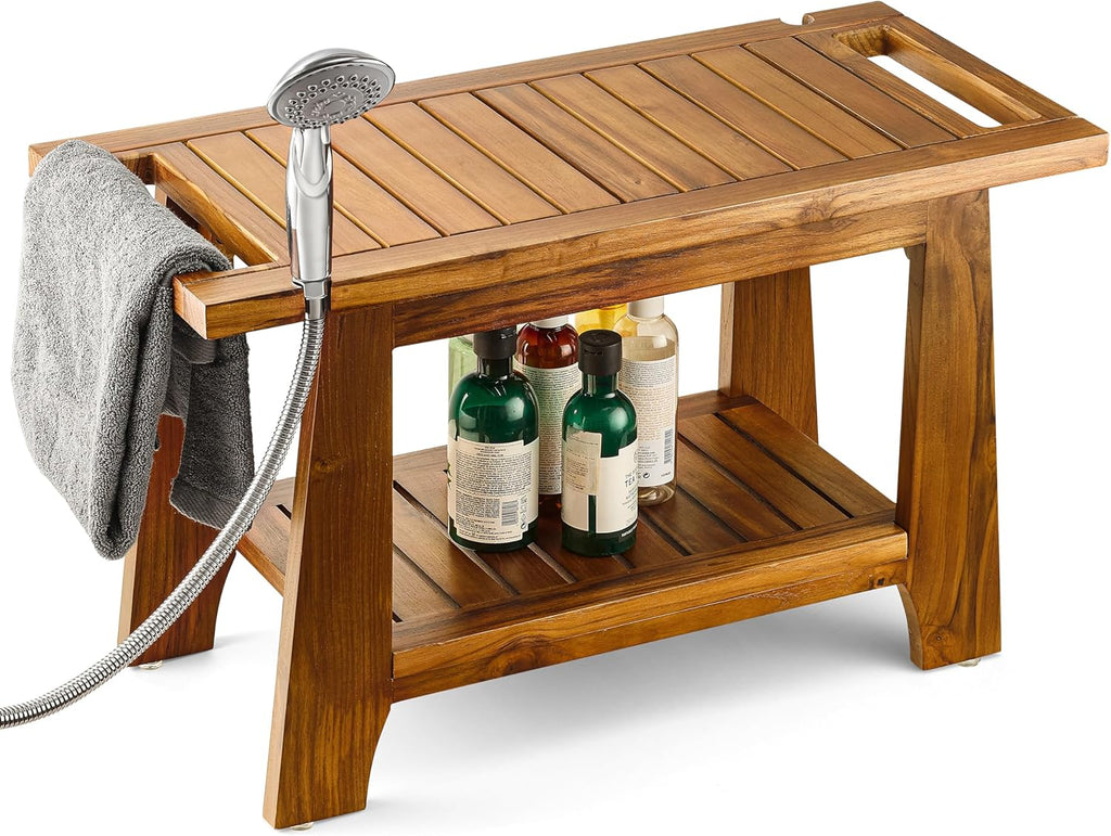 TINAMO 28" Teak Shower Benches for Inside Shower - 400 Lbs Capacity -Wooden Shower Stool Waterproof for Shaving Legs - Bench Seat with Storage Towel Shelf for Bathroom - Chair Spa Bath Nail Shave
