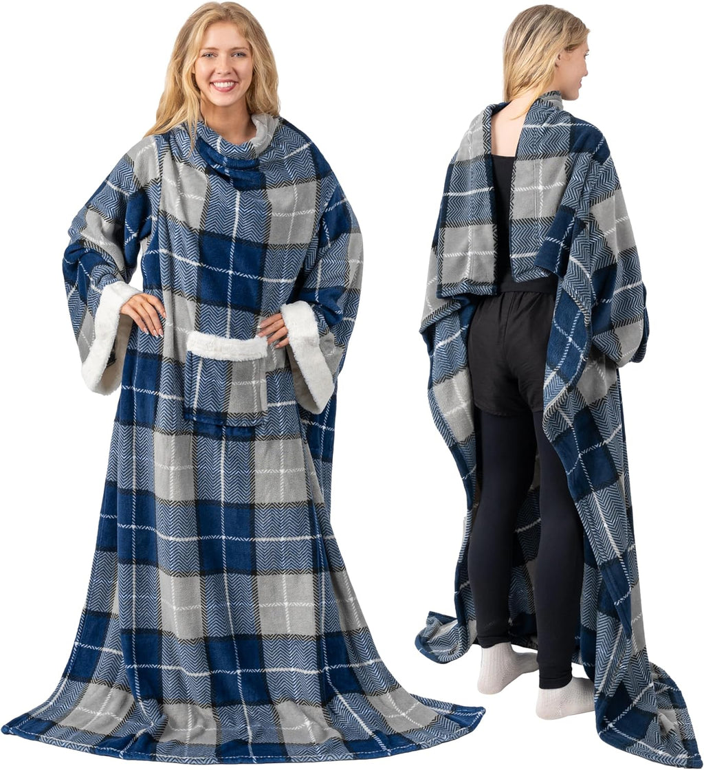 PAVILIA Fleece Blanket with Sleeves for Women Men Adults, Wearable Blanket Warm Soft Plush, Snuggle Pocket Sleeved TV Throw Wrap, Cozy White Elephant Gifts Ideas for Mom Wife, Plaid Blue