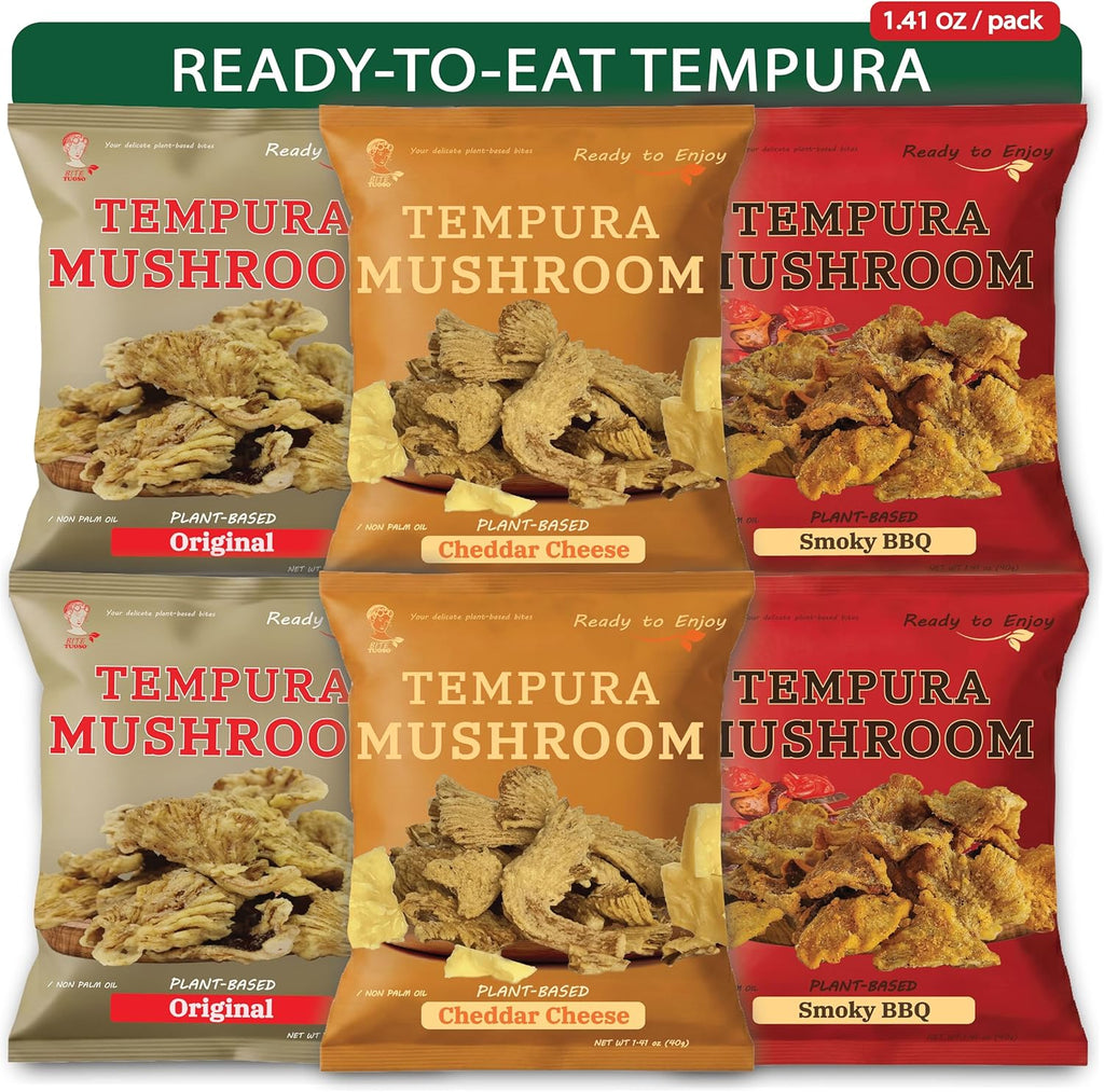 BITETUOSO Tempura Mushroom Chips, Tempura-Style Mushroom Snack, Ready-to-Eat Crispy Oyster Mushrooms, Plant-Based Crispy Snack, Original BBQ Plant-Based Cheddar Variety Pack, Individually Wrapped 1.41oz (6 Pack)