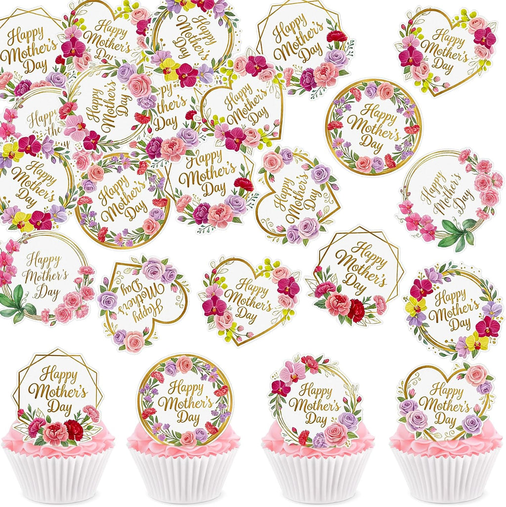 56 Pcs Edible Cupcake Toppers with Floral Decorations for Mother's Day, Mom's Birthday, and Best Mom Ever Celebrations (Style 1)