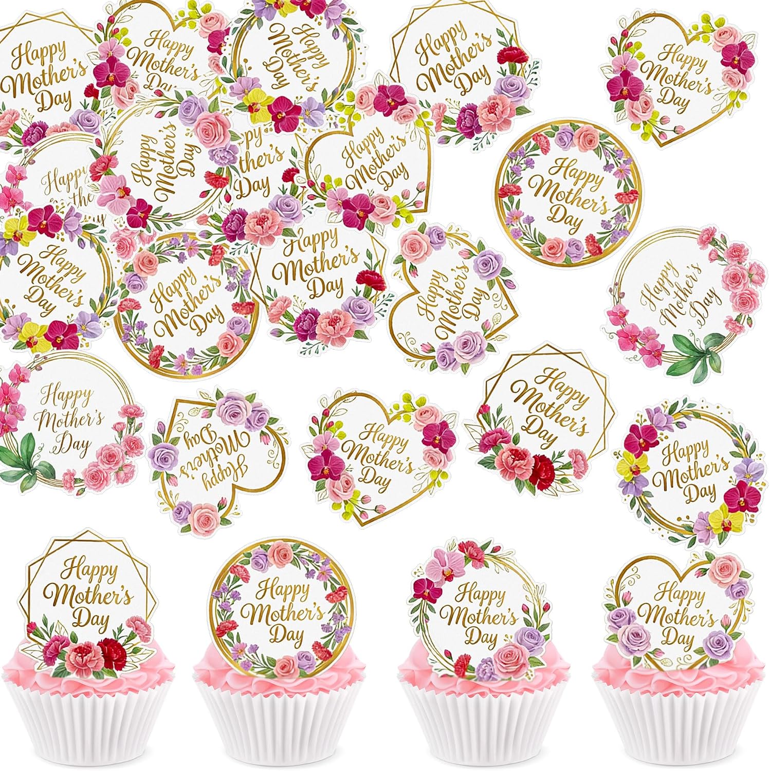 56 Pcs Edible Cupcake Toppers with Floral Decorations for Mother's Day, Mom's Birthday, and Best Mom Ever Celebrations (Style 1)