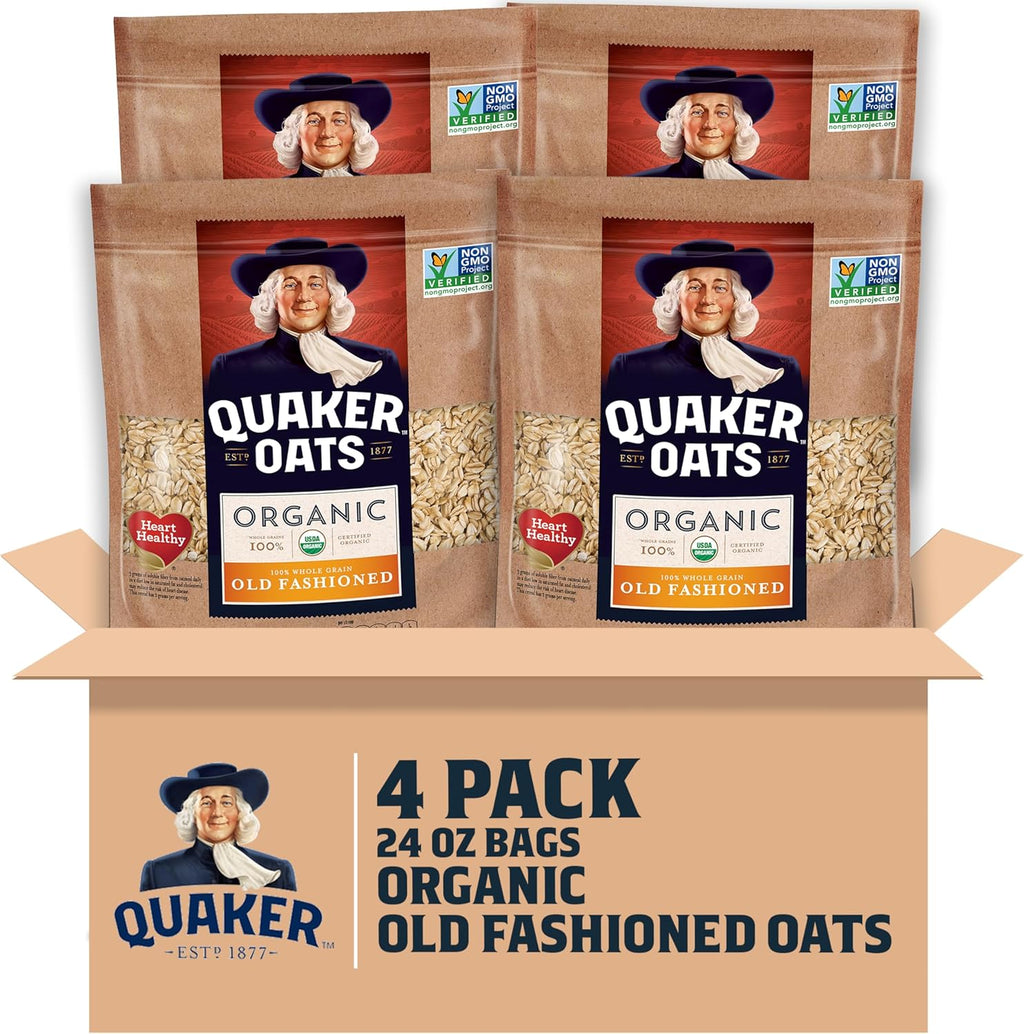 Quaker Old Fashioned Rolled Oats, USDA Organic, Non GMO Project Verified, 24oz Resealable Bags (Pack of 4)