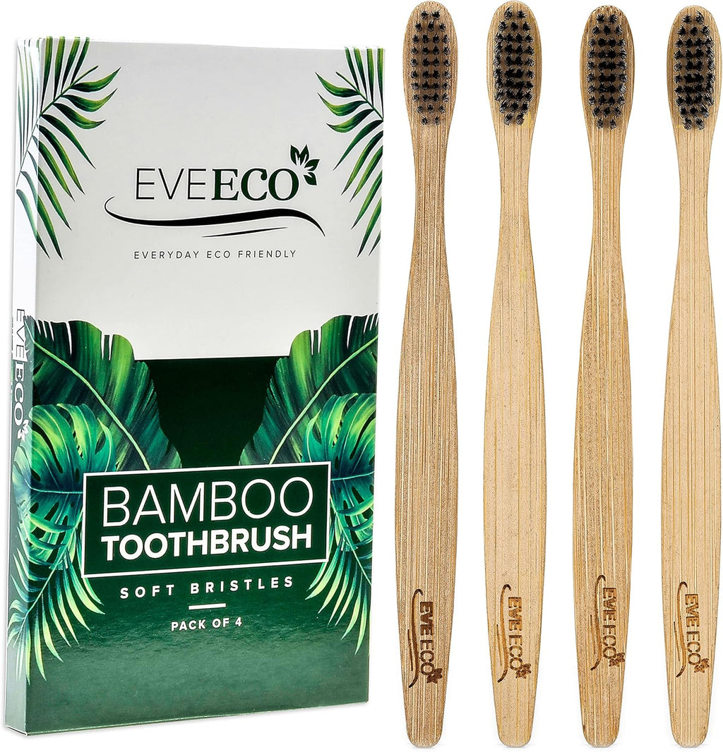 4 Count I Bamboo Toothbrush I Soft Bristles Best for Sensitive Gums I Charcoal I Vegan I Natural Wood I BPA Fee I Recyclable I Compostable I Biodegradable | Environmentally Friendly