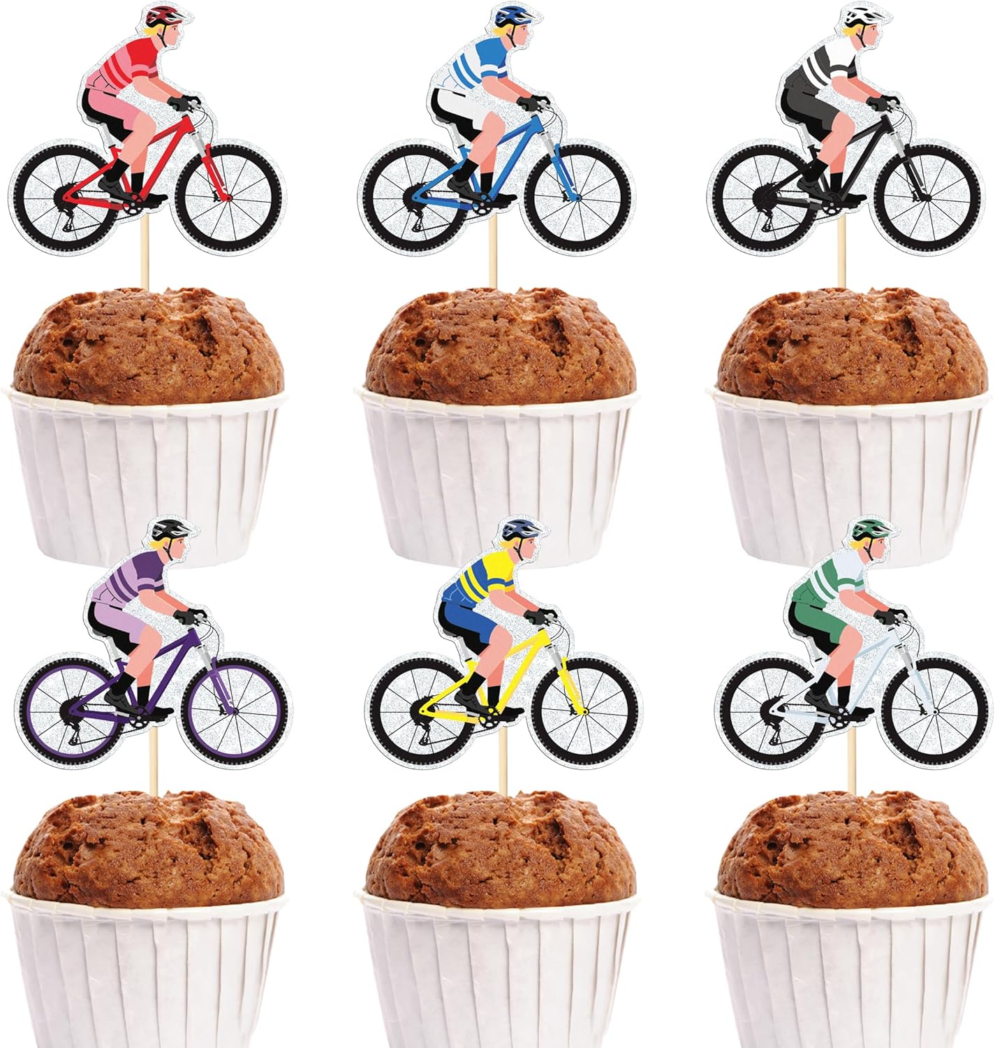 Bicycle Cupcake Toppers, 18 piece Shimmering Silver Cardstock in 6 Colors, Mountain bike cupcake decoration (Mountain bike)