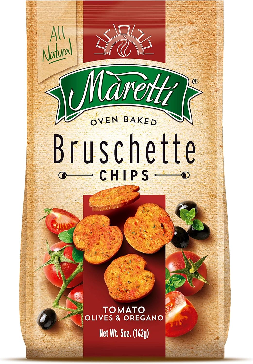 Maretti - Bruschette Chips with Tomato, Olives & Oregano - All Natural Oven Baked Bagel Chips - Good for Vegetarians - Party Snacks Thin Bagels - No Artificial Colors and Flavor 5 oz. (Pack of 6)