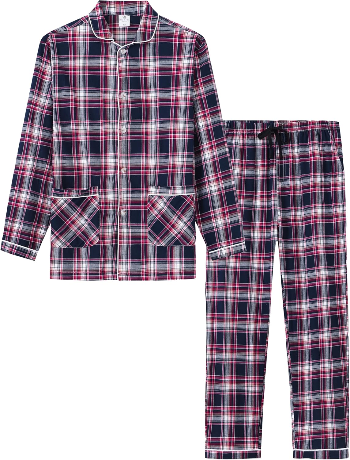 MoFiz Mens Pajama Set Soft Cotton Button Down Notched Collar Pjs Long Sleeve 2 Piece Sleepwear Lounge Nightwear with Pocket