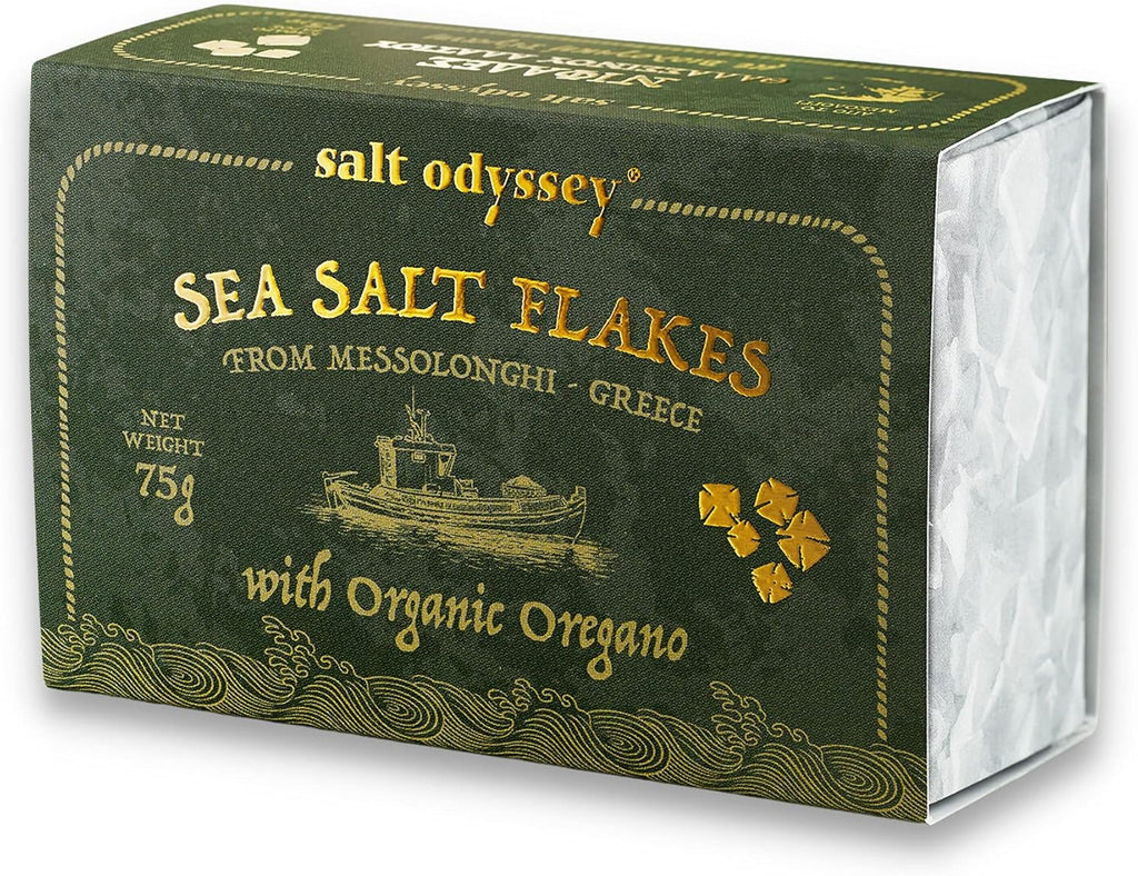 SALT ODYSSEY Gourmet Mediterranean Sea Salt Flakes for Seasoning Meat, Fish and Chicken, Flake Sea Salt with Organic Oregano, 100% Natural Flaky Sea Salt from Greece (2.65 oz.)