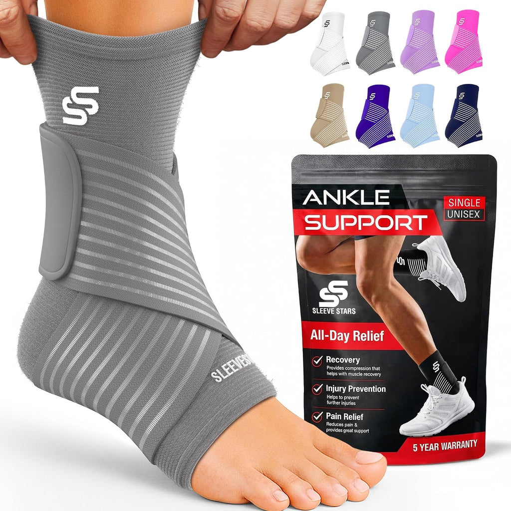Sleeve Stars Ankle Brace for Women & Men, Ankle Wrap for Sprain, Compression Sleeve for Plantar Fasciitis Relief, Easy Customizable Support: w/ Removable Strap (Single/M:10"-12"/Grey)