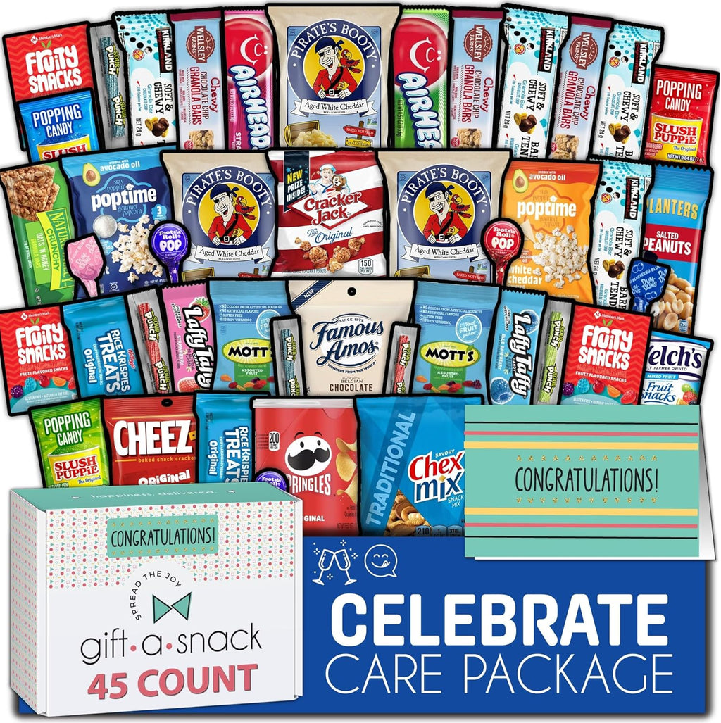 Gift A Snack - Congratulations Snack Box Variety Pack Care Package + Greeting Card (45 Count) Graduation Sweet Treats Gift Basket, Candies Chips Crackers Bars - Office Food Assortments