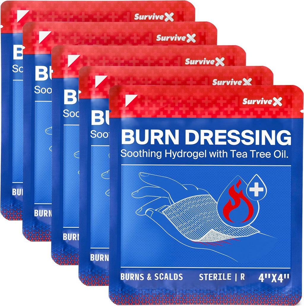 SurviveX Hydrogel Burn Dressings with Tea Tree Oil - 4x4" Sterile Non-Stick Burn Pads - Emergency First Aid for Instant Cooling, Soothing & Relief - 5 Pack