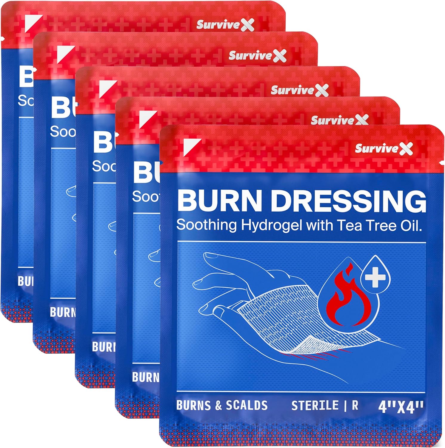SurviveX Hydrogel Burn Dressings with Tea Tree Oil - 4x4" Sterile Non-Stick Burn Pads - Emergency First Aid for Instant Cooling, Soothing & Relief - 5 Pack