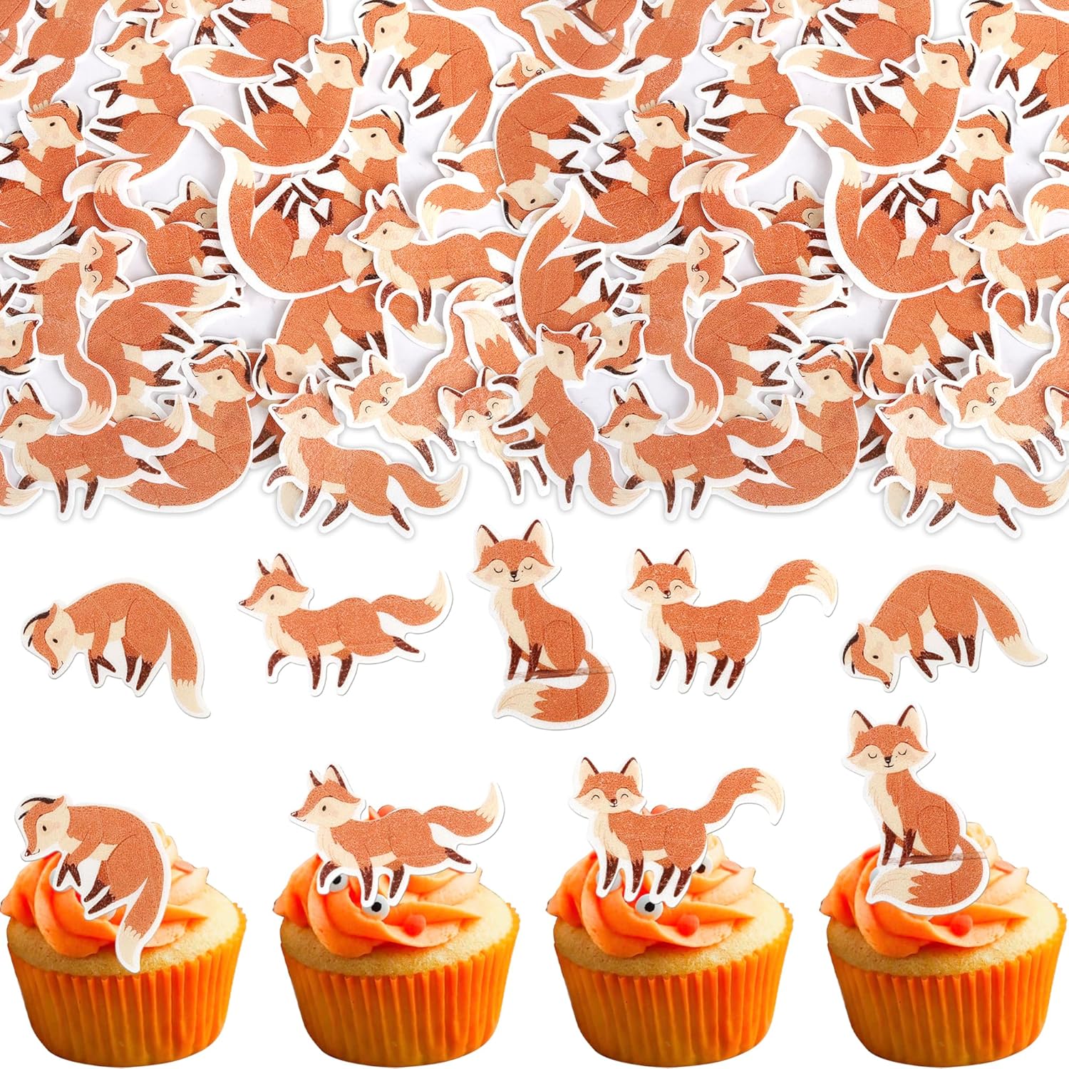 56 Pack Edible Fox Cupcake Toppers Woodland Animal Cupcake Picks Water Paper Animal Baby Shower Cupcake Decorations for Woodland Animal Themed Baby Shower Birthday Party Supplies