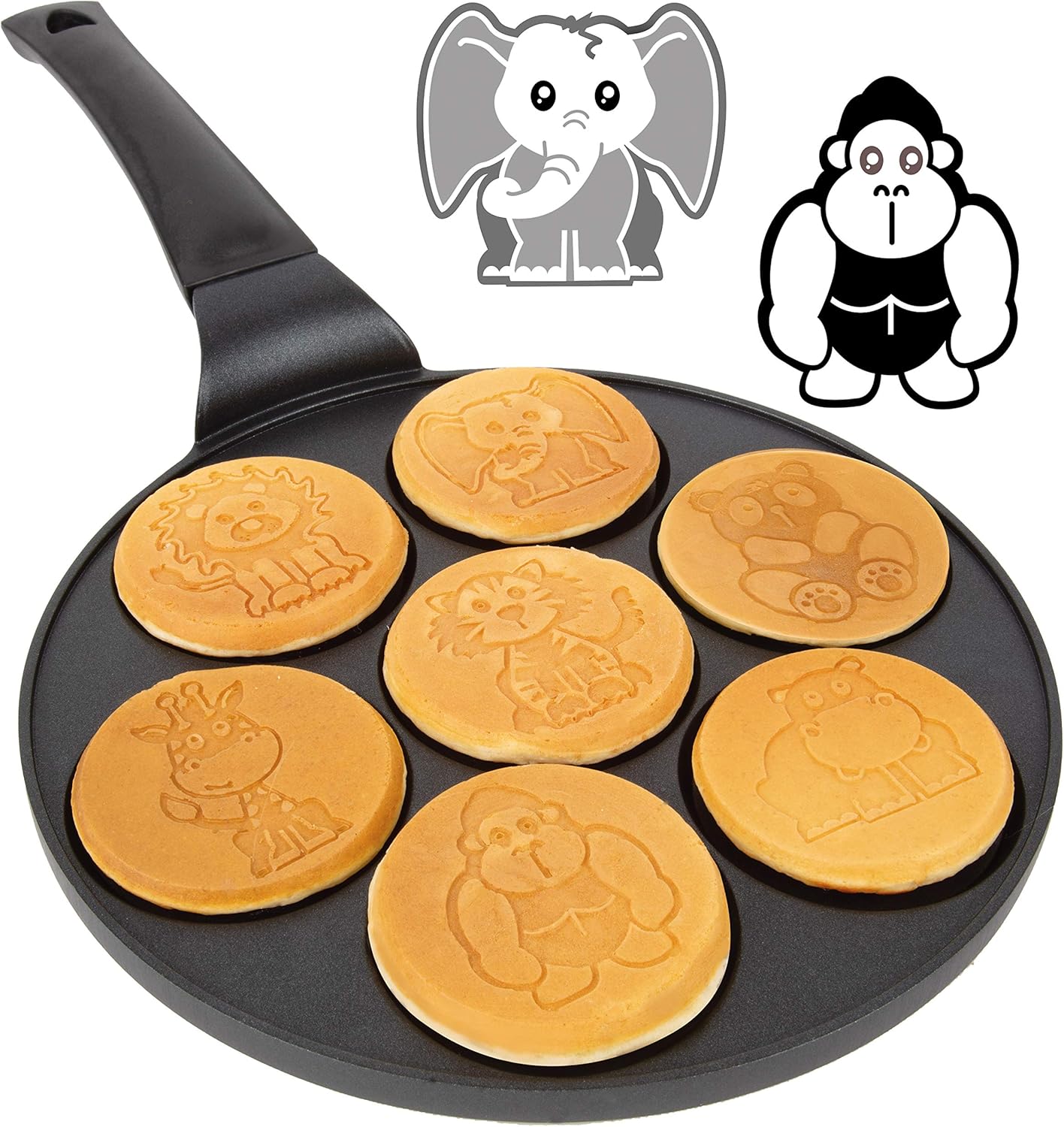 Animal Mini Pancake Pan- Make 7 Unique Flapjack Zoo Animals, Includes Elephant, Giraffe, Lion, Tiger, Panda, Gorilla & Hippo- Nonstick Pan Cake Maker Griddle for Morning Breakfast Fun & Easy Cleanup