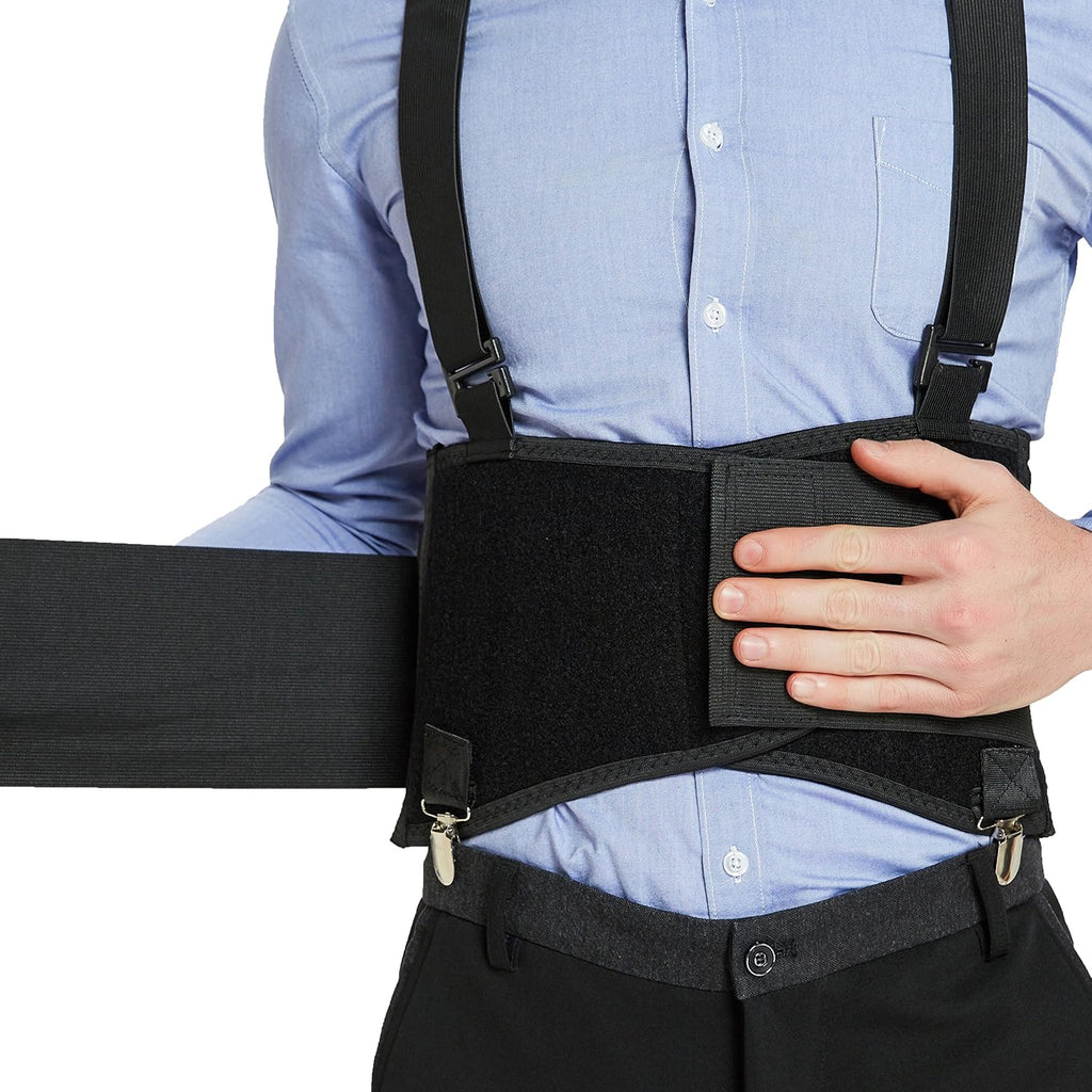 NeoTech Care Back Brace for Work with Removable Pants Clips & Detachable Suspenders - Back Support Belt - Adjustable, Light, Breathable - Posture (Black, Size M)