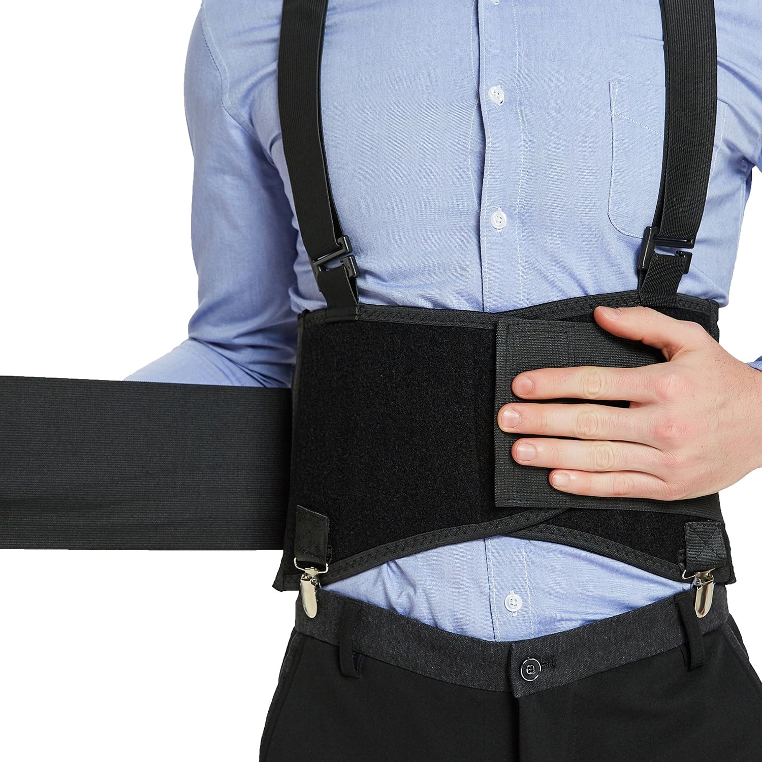 NeoTech Care Back Brace for Work with Removable Pants Clips & Detachable Suspenders - Back Support Belt - Adjustable, Light, Breathable - Posture (Black, Size M)