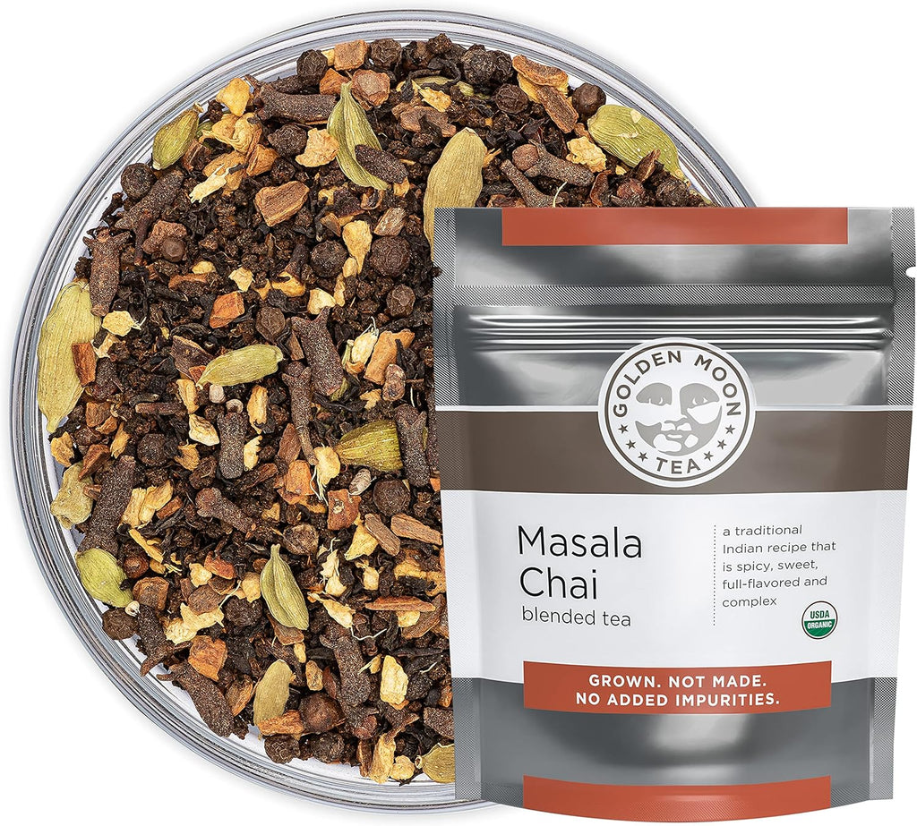 Golden Moon Tea Organic Masala Chai Black Tea - Pure & Authentic Blend - Loose Leaf, Non-GMO - Half Pound (96 Servings)