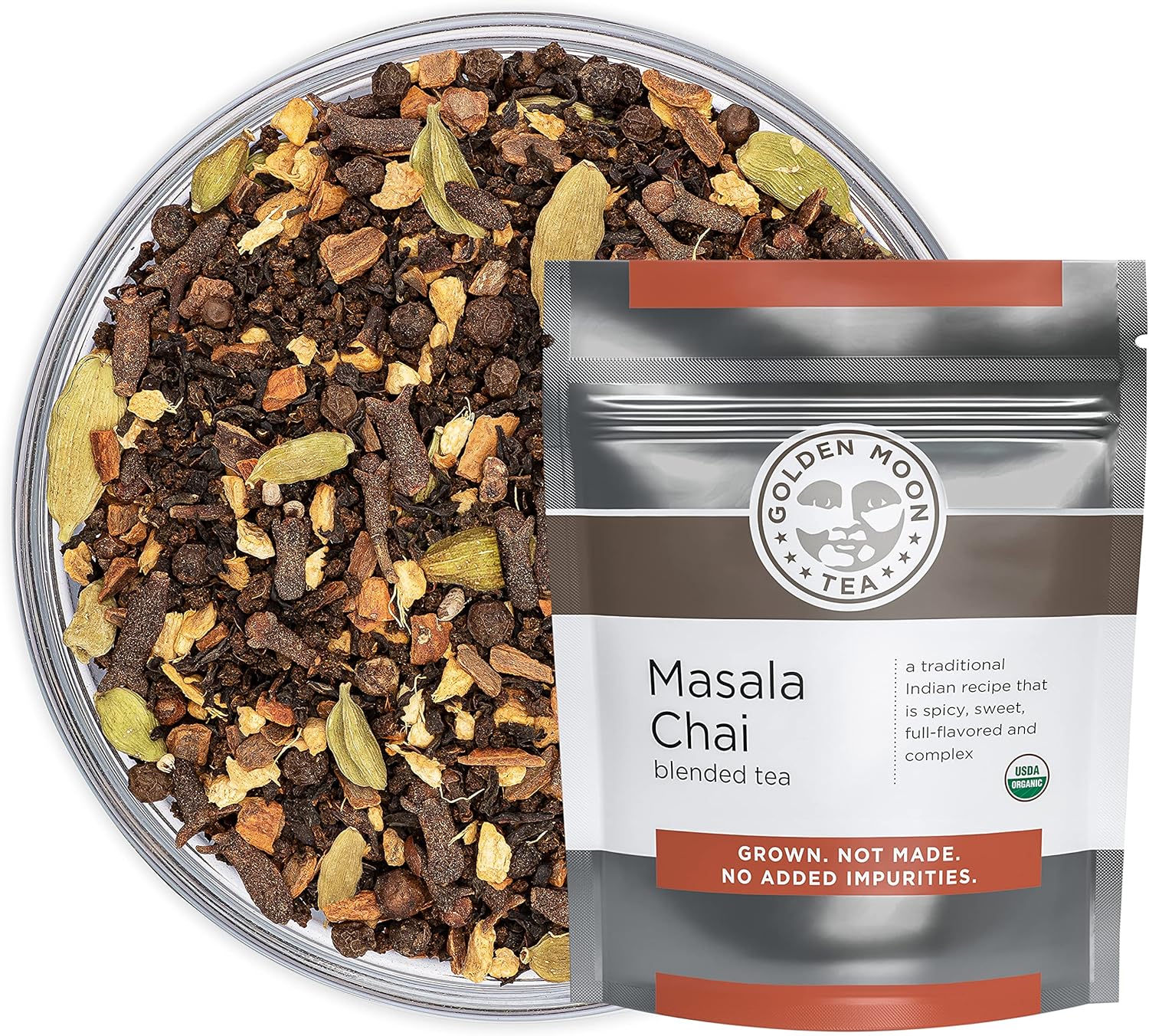 Golden Moon Tea Organic Masala Chai Black Tea - Pure & Authentic Blend - Loose Leaf, Non-GMO - Half Pound (96 Servings)