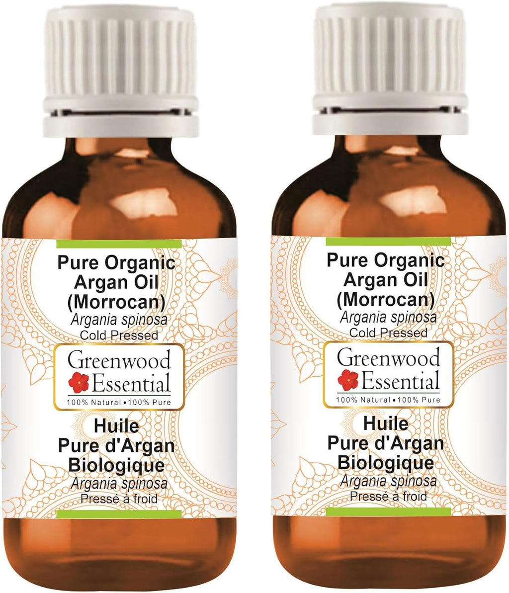 Greenwood Essential Pure Organic Argan (Moroccan) Oil (Argania spinosa) Cold Pressed (Pack of Two) 100ml X 2 (6.76 oz)