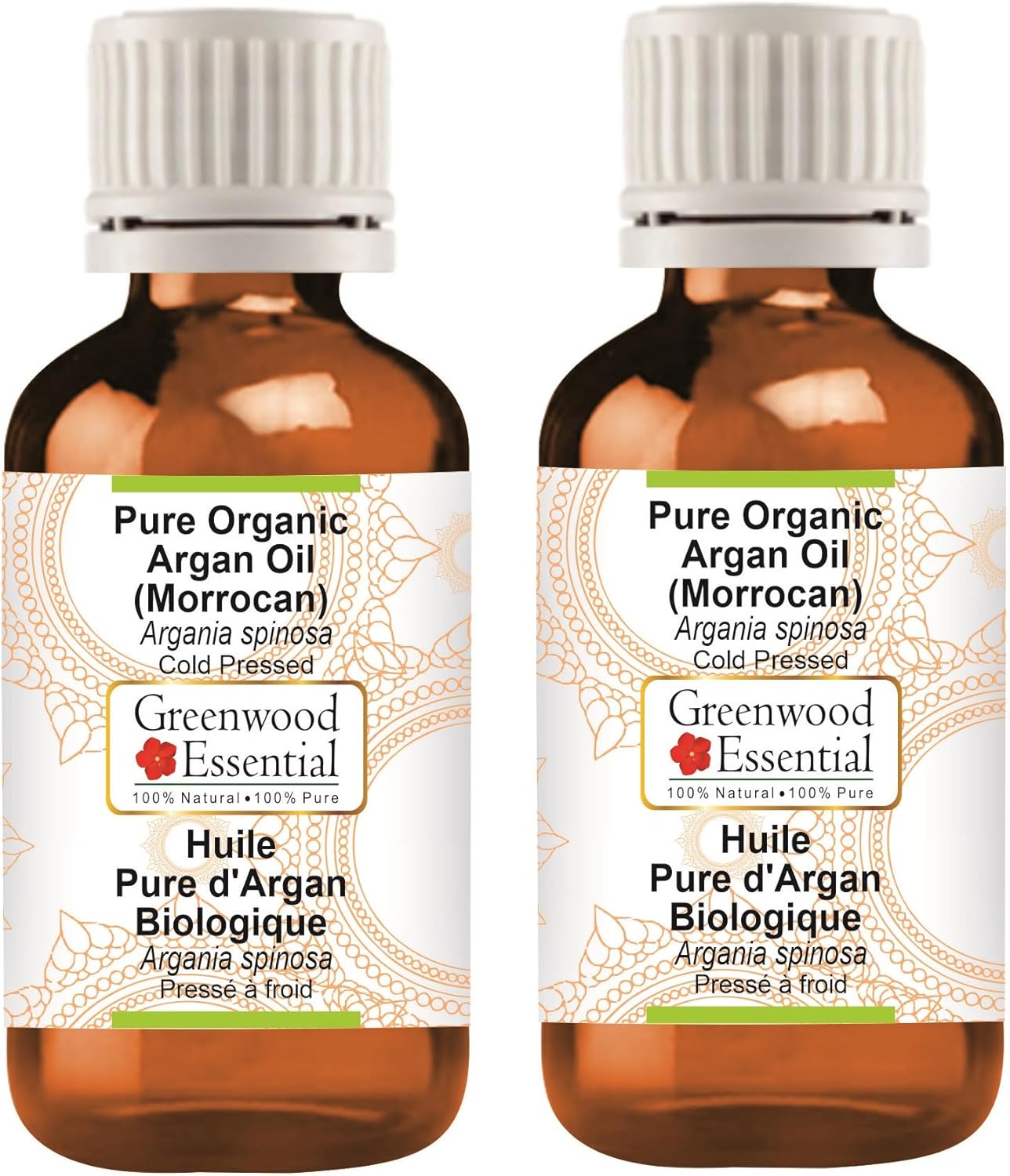 Greenwood Essential Pure Organic Argan (Moroccan) Oil (Argania spinosa) Cold Pressed (Pack of Two) 100ml X 2 (6.76 oz)