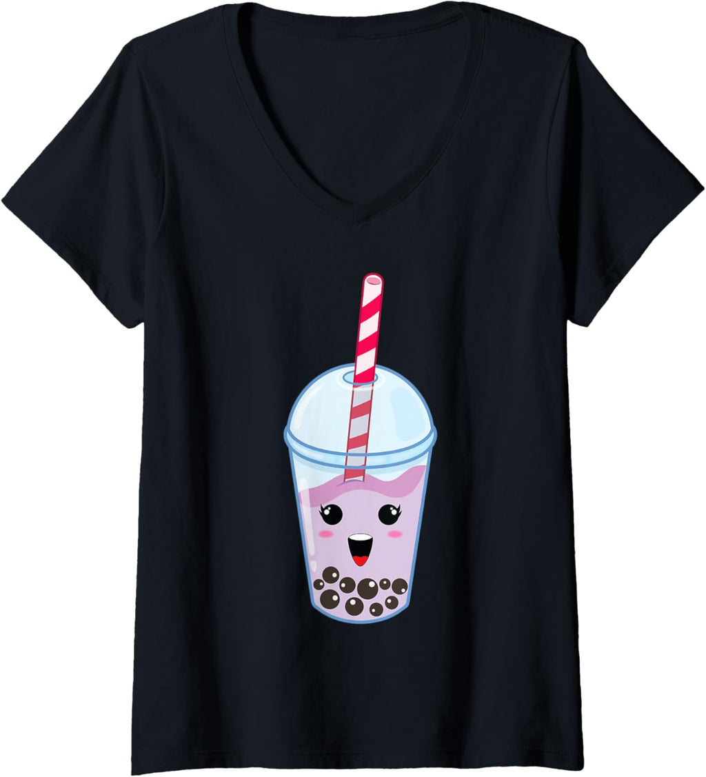 Womens Kawaii Boba Milk Tea | Cute Taro Bubble Tea Lover Gift V-Neck T-Shirt