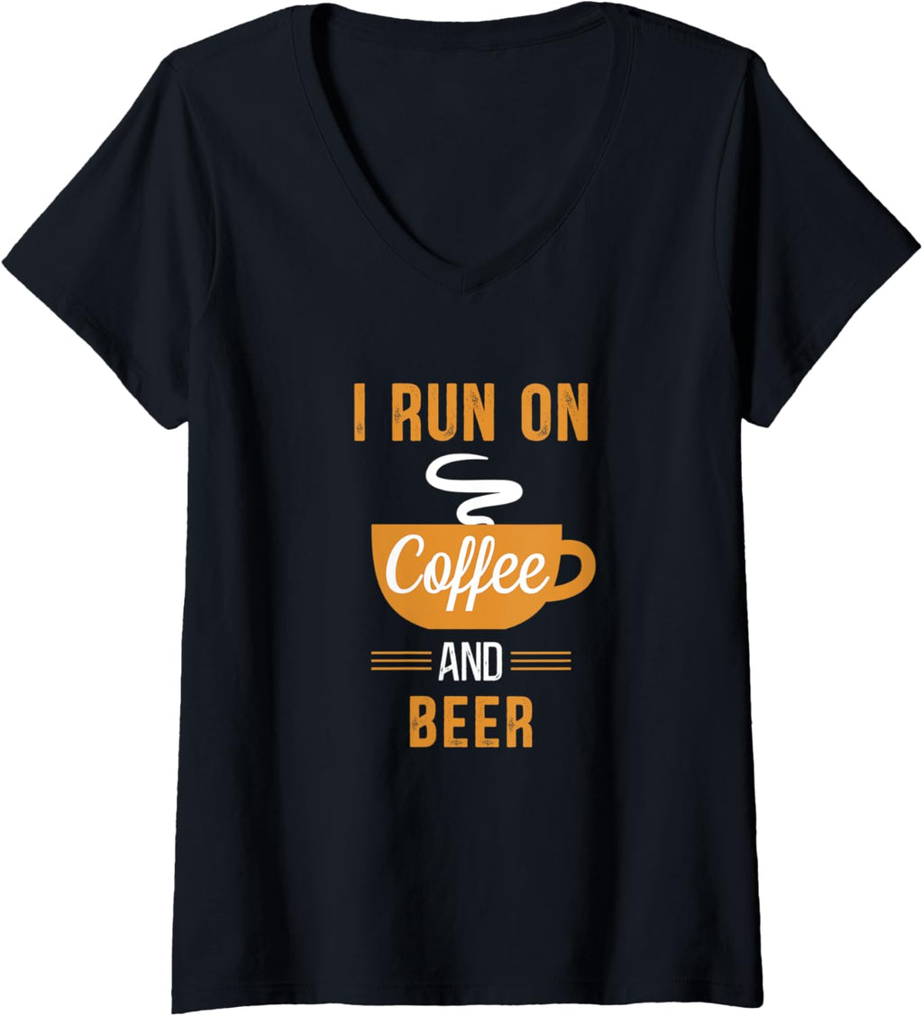 Womens I Run on Coffee and Beer - Funny Caffeine Meme V-Neck T-Shirt