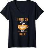 Womens I Run on Coffee and Beer - Funny Caffeine Meme V-Neck T-Shirt