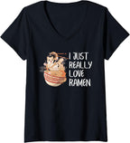 Women's Cat Ramen Lover Japanese Noodle Kitty Food Humor Quote V-Neck T-Shirt