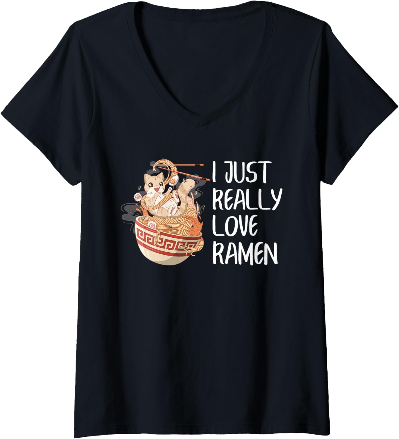 Women's Cat Ramen Lover Japanese Noodle Kitty Food Humor Quote V-Neck T-Shirt