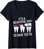 Womens Dentist Gift It's a Beautiful Day to Save Teeth Funny Dental V-Neck T-Shirt