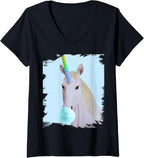 Womens Cute rainbow unicorn that chews blue chewing gum V-Neck T-Shirt