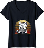 Womens Cat Eating Ramen Noodles Eater Ramen Food Lovers V-Neck T-Shirt