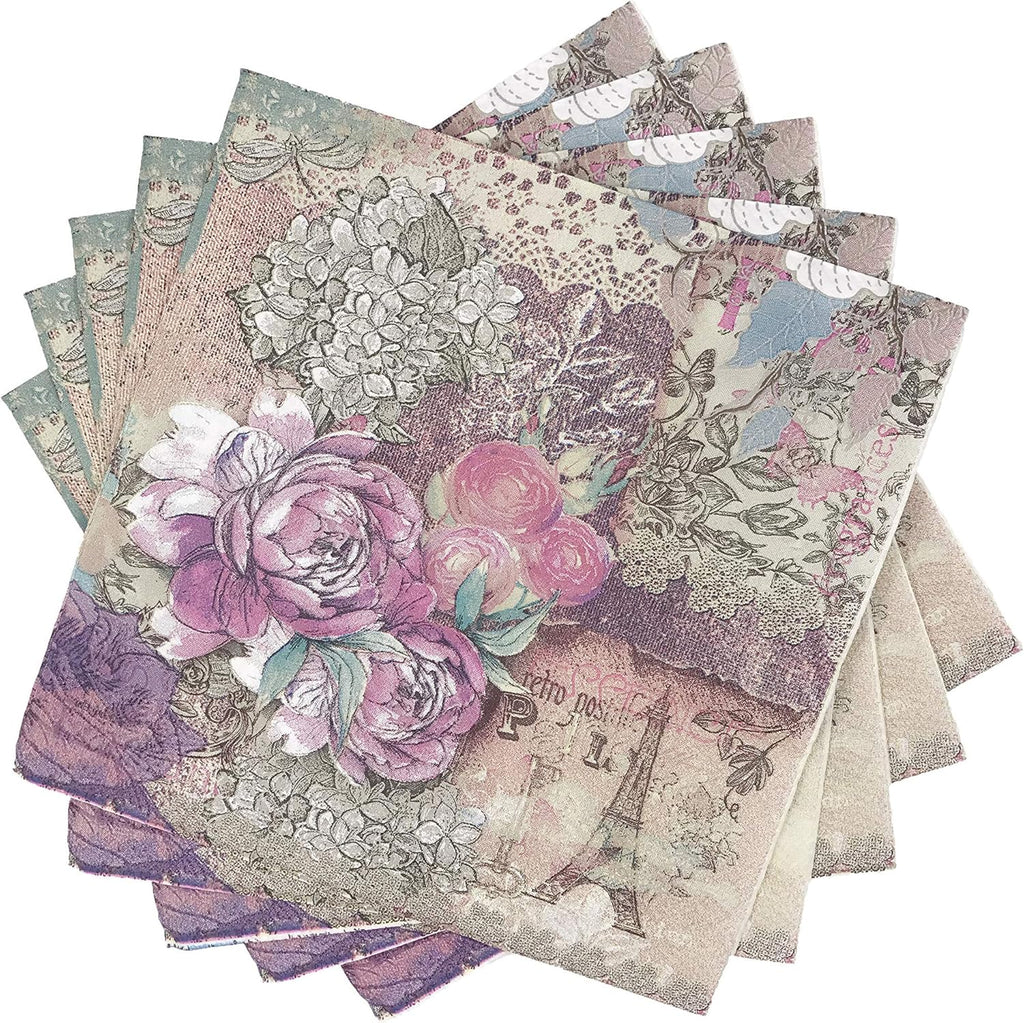 WallyE Graphic Patterns Decoupage Paper Napkins, French Garden Shabby Chic Inspired Chintz Luncheon Cocktail Napkins for Bridal Shower or Wedding, 20 Pack