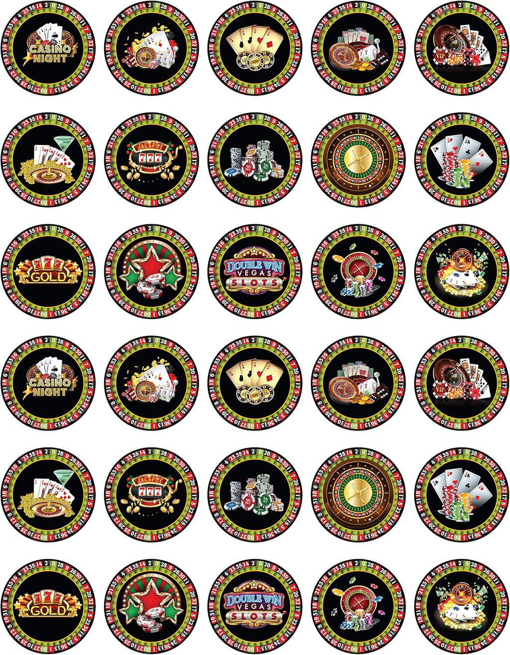 30 x Edible Cupcake Toppers Themed of Casino Collection of Edible Cake Decorations | Uncut Edible on Wafer Sheet