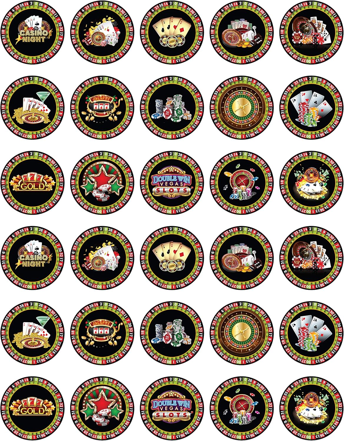 30 x Edible Cupcake Toppers Themed of Casino Collection of Edible Cake Decorations | Uncut Edible on Wafer Sheet