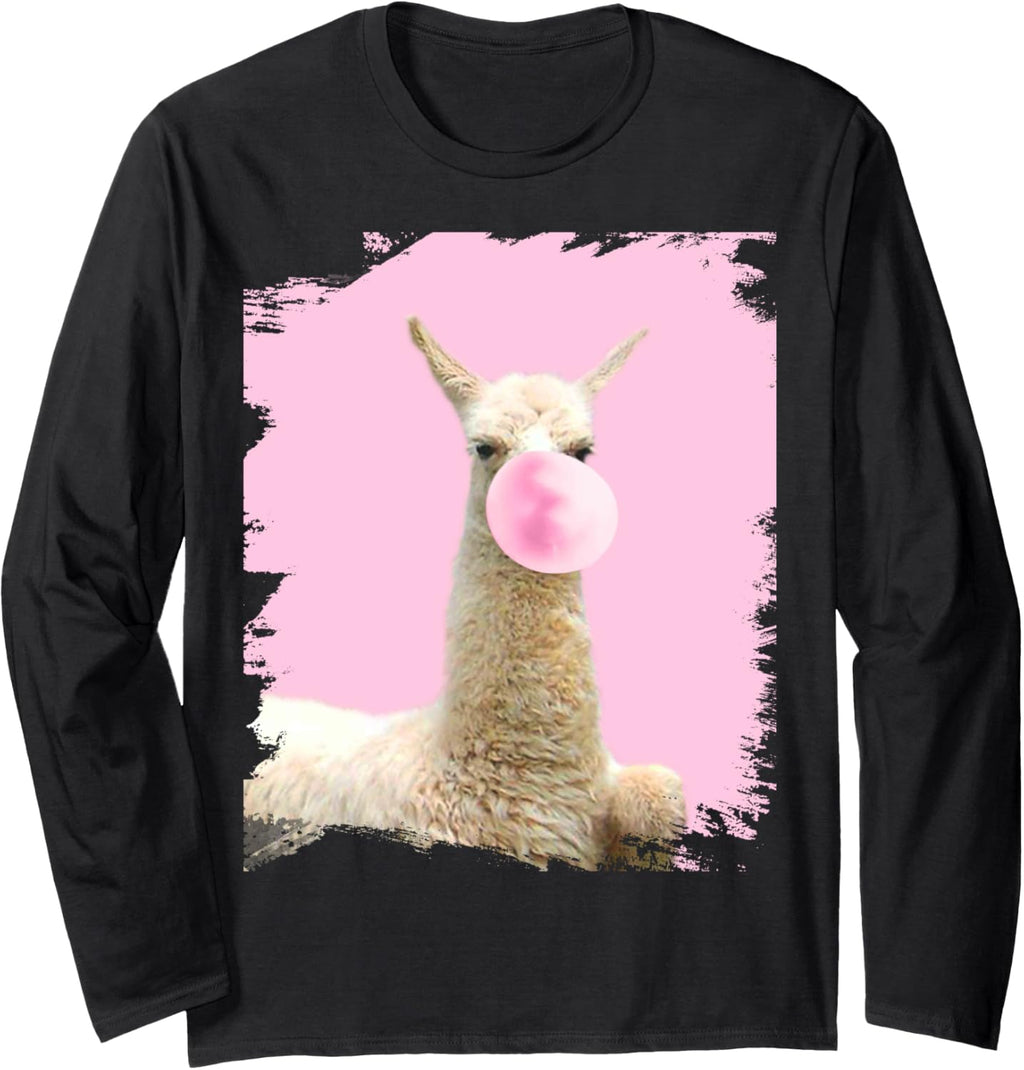 Cute Llama Chewing Pink Bubble Gum Long Sleeve T-Shirt