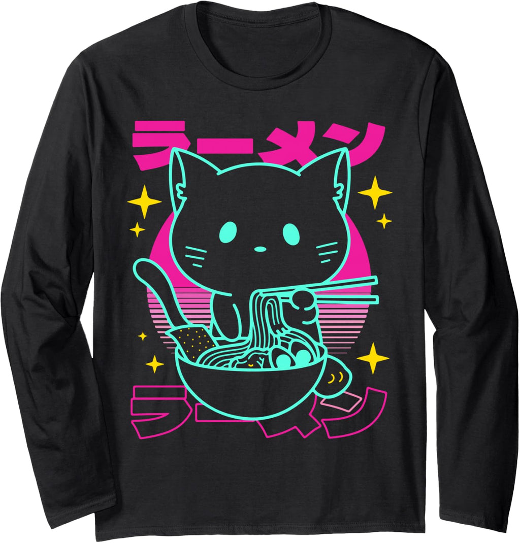 Anime Ramen Cat Retro Japanese Noodles Aesthetic Kawaii cat Long Sleeve T-Shirt