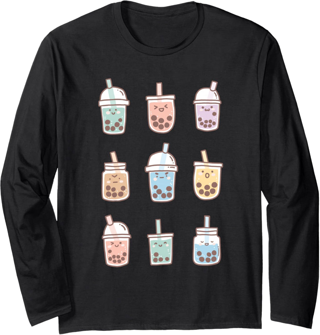 Cute Kawaii Boba Anime Bubble Tea Pastel Long Sleeve T-Shirt