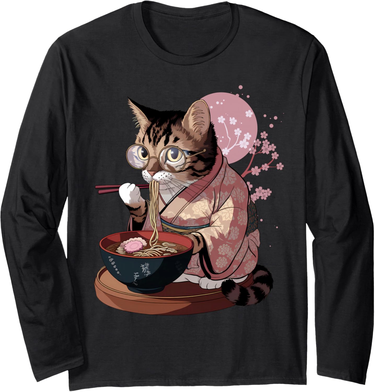 Cat Eating Ramen Noodles Funny Japanese Anime Manga Tattoo Long Sleeve T-Shirt