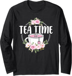 Cute Tea Time Flower Teacup Tea Lover Women Girls Long Sleeve T-Shirt