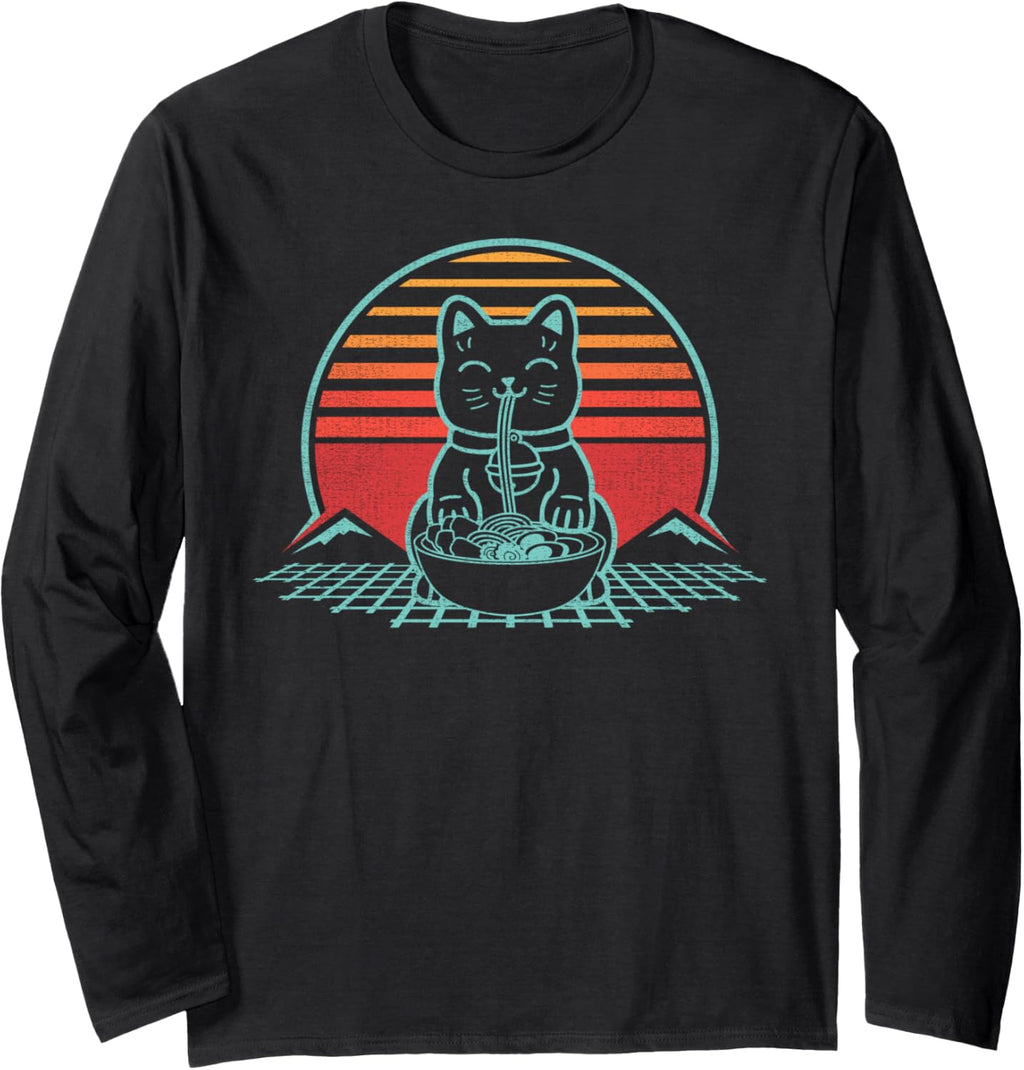 Anime Ramen Cat Retro Japanese Noodles Kawaii Funny Long Sleeve T-Shirt