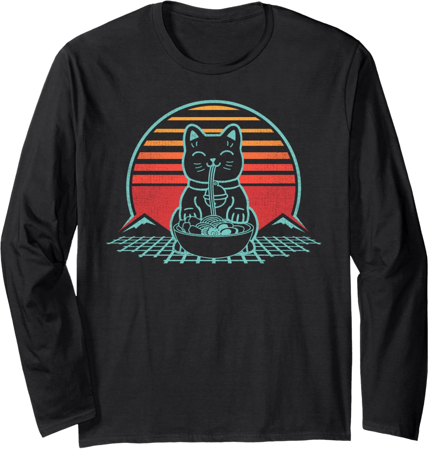 Anime Ramen Cat Retro Japanese Noodles Kawaii Funny Long Sleeve T-Shirt
