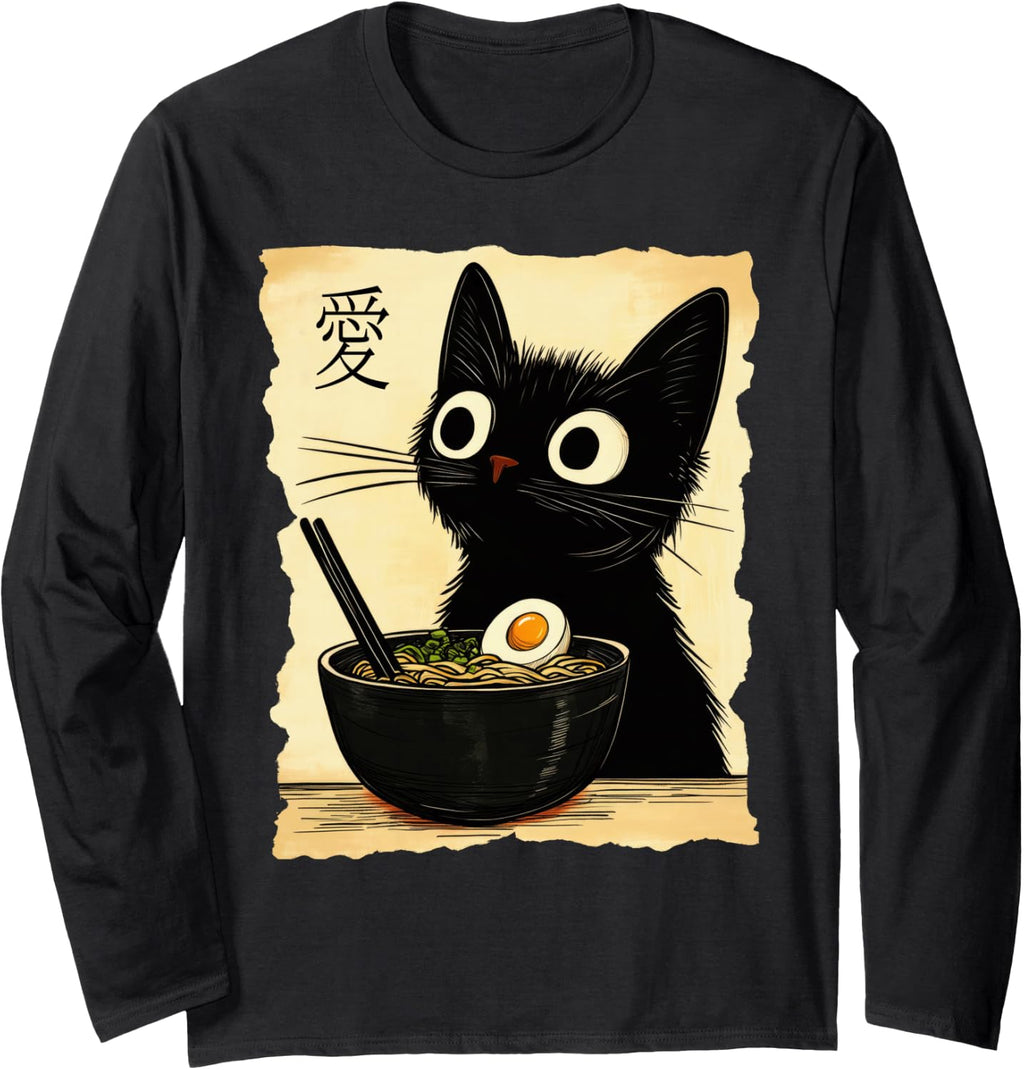 Funny Cat Ramen Japanese Kawaii Anime Cat Graphic Long Sleeve T-Shirt