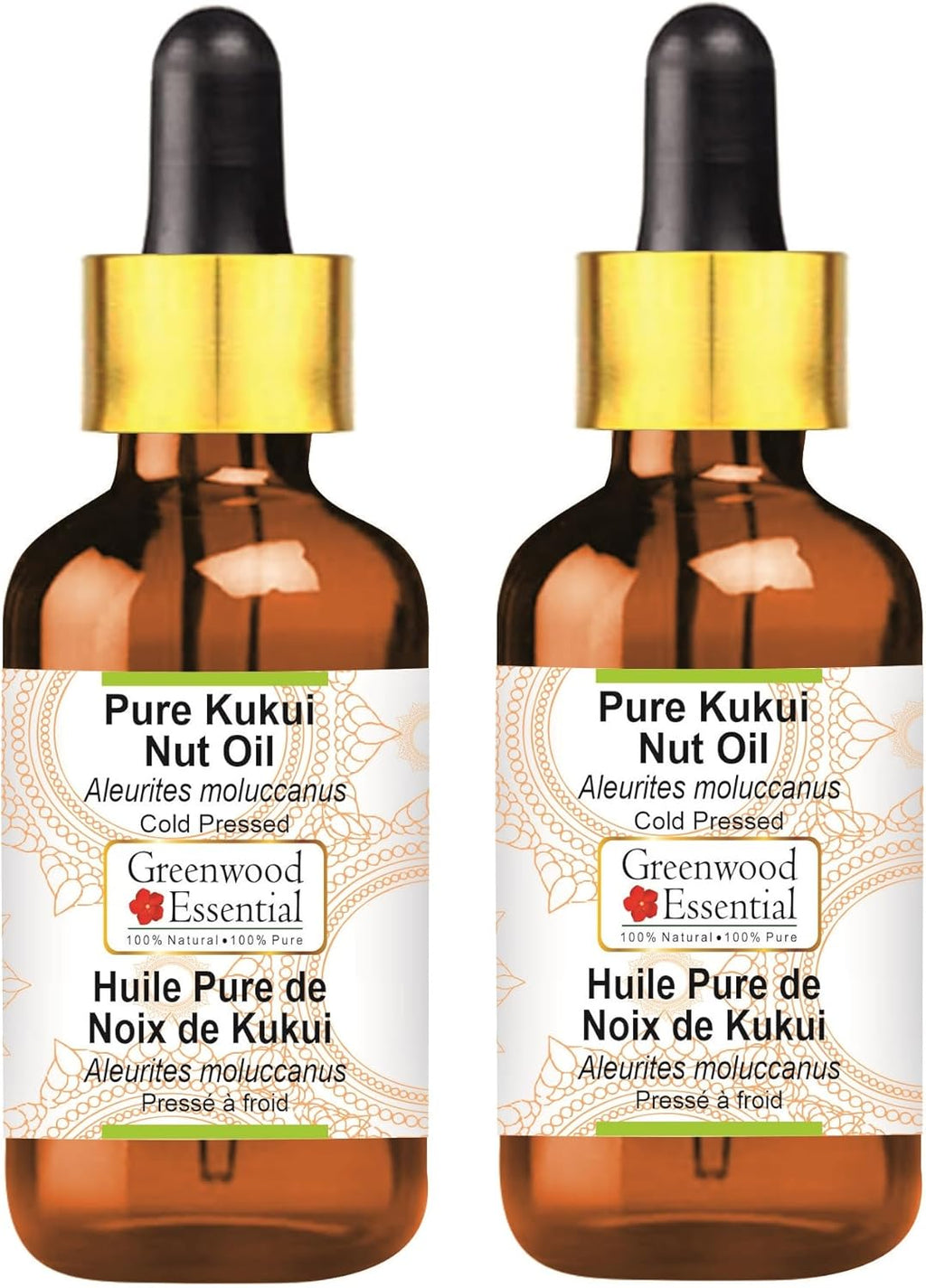 Greenwood Essential Pure Kukui Nut Oil (Aleurites moluccanus) with Glass Dropper Cold Pressed (Pack of Two) 100ml X 2 (6.76 oz)