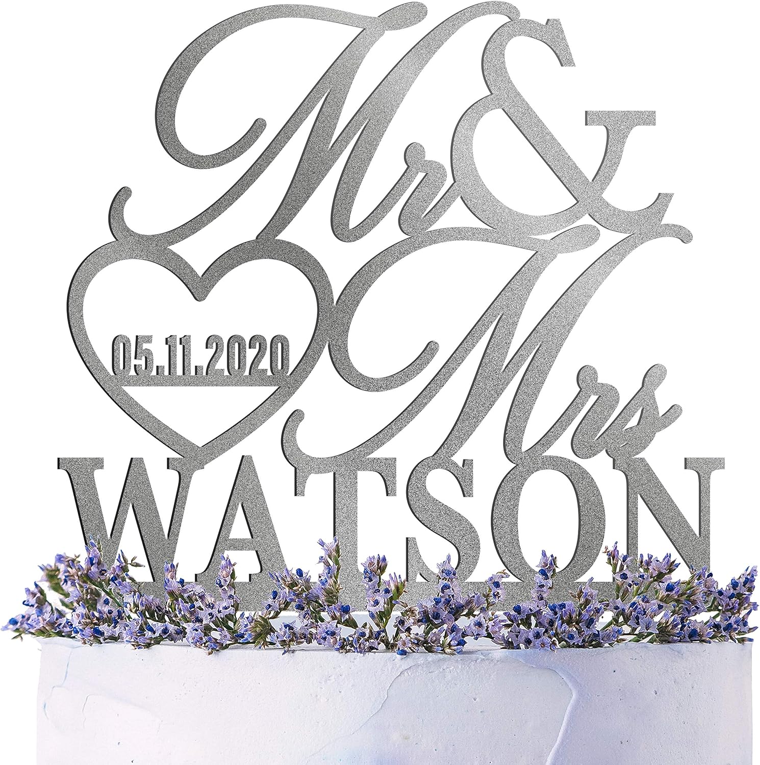 Wedding Cake Topper Personalized, Custom Mr. Mrs. Cake Topper w Last Name, Silver Glitter Acrylic Decoration for Special Event