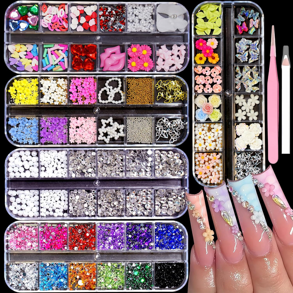 5 Boxes 3D Flower Nail Charms Colorful Acrylic Flower Petals Floral Nail Rhinestones with Caviar Beads and Flatback Pearls Color Gems Nail Diamonds Hawaii Flowers Butterfly Nails Jewels for Women