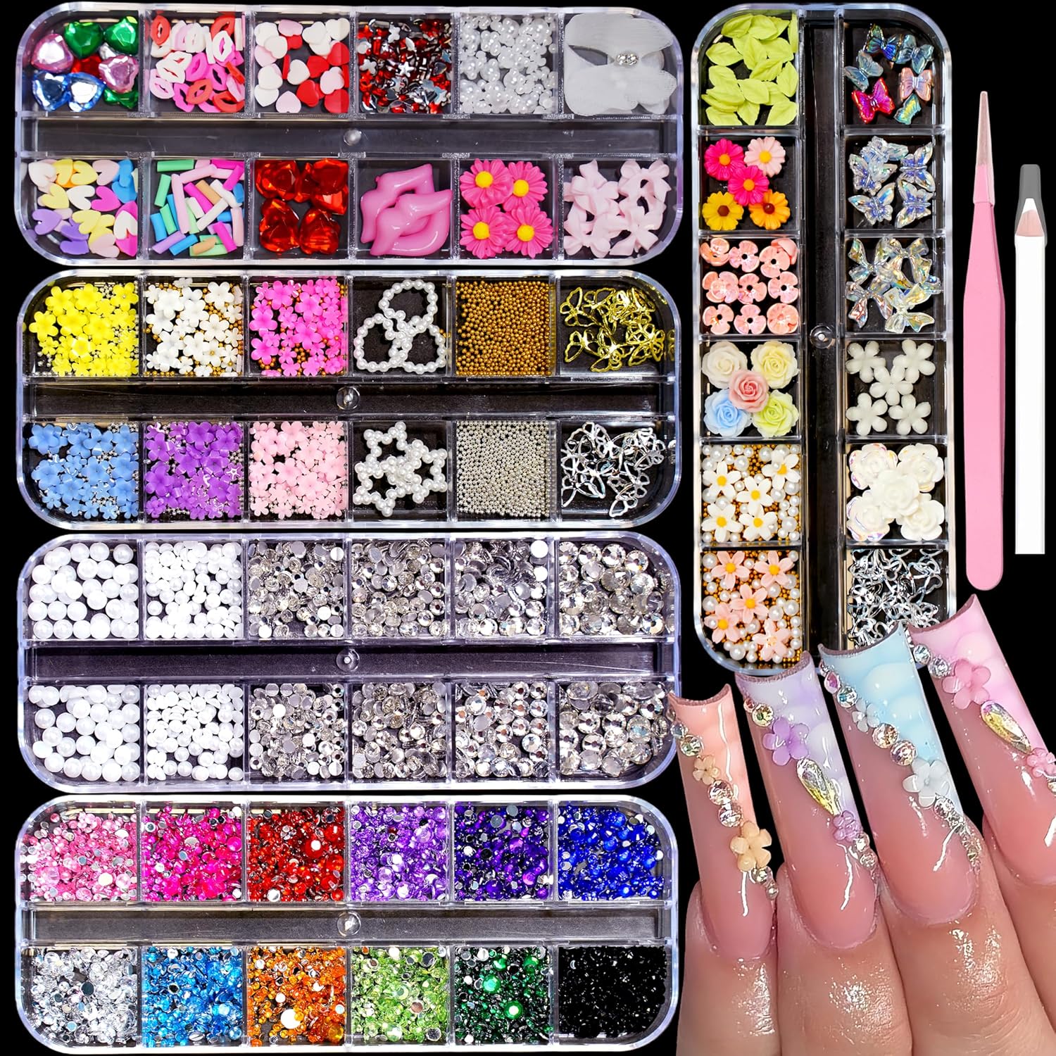5 Boxes 3D Flower Nail Charms Colorful Acrylic Flower Petals Floral Nail Rhinestones with Caviar Beads and Flatback Pearls Color Gems Nail Diamonds Hawaii Flowers Butterfly Nails Jewels for Women